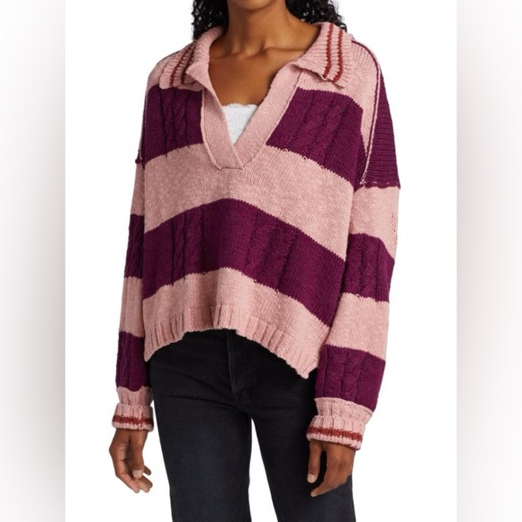 Free People Sweaters - NWT Free People Pembrook Striped Cable Knit Collared Sweater Small